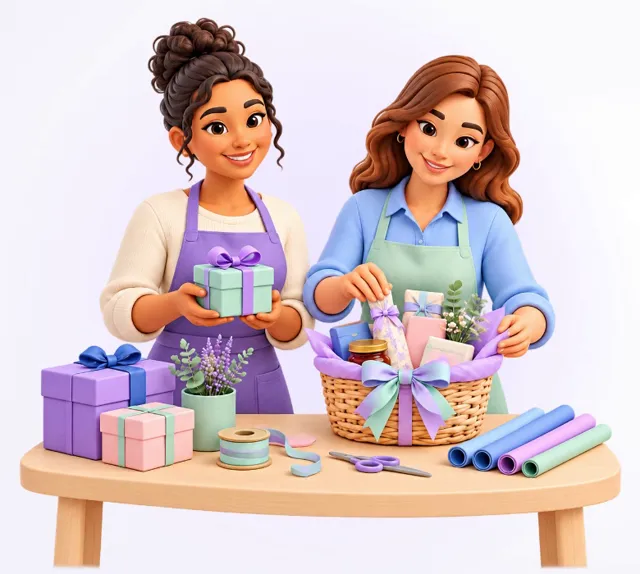 Ilustração de duas cesteiras montando cestas de presente